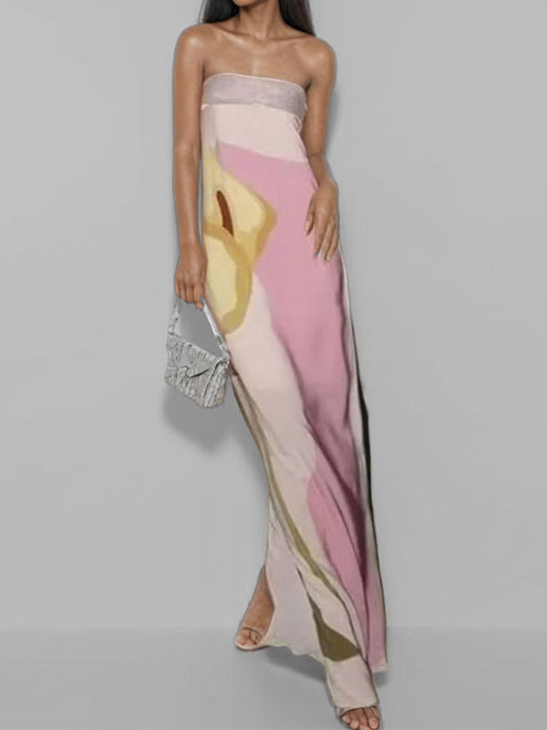 Printed Split-Joint Loose Plus Size Tube Maxi Dresses