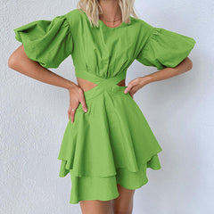 Puff Sleeve Cutout Solid Color Dress