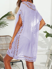 Hollow See-Through Solid Color Split-Joint Loose Raglan Sleeve V-Neck Mini Dresses