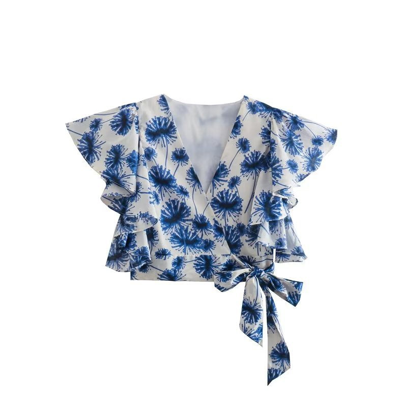 Flaxmaker Elegant Ruffle V Neck Jungle Printed Two Piece Set