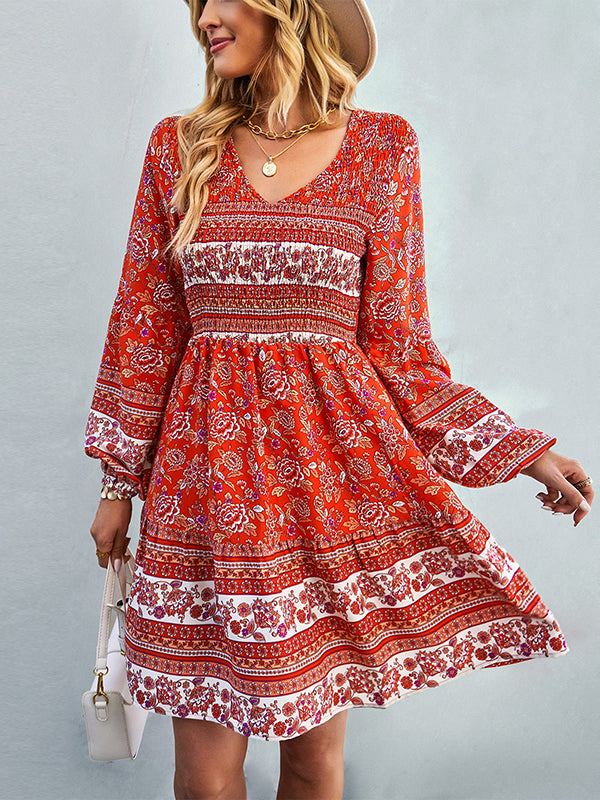 Bohemia A-Line Loose Floral Printed V-Neck Dress