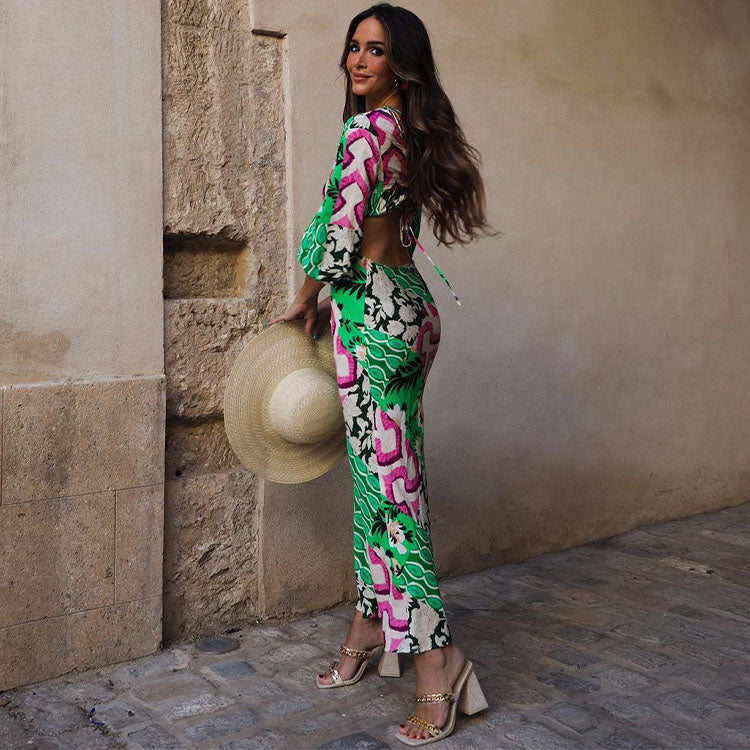 Cross  Backless Graphic Printed Dress