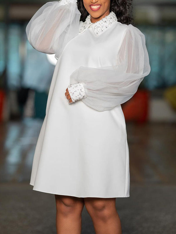 Beads Mesh Solid Color Split-Joint Puff Sleeves Round-neck Midi Dresses