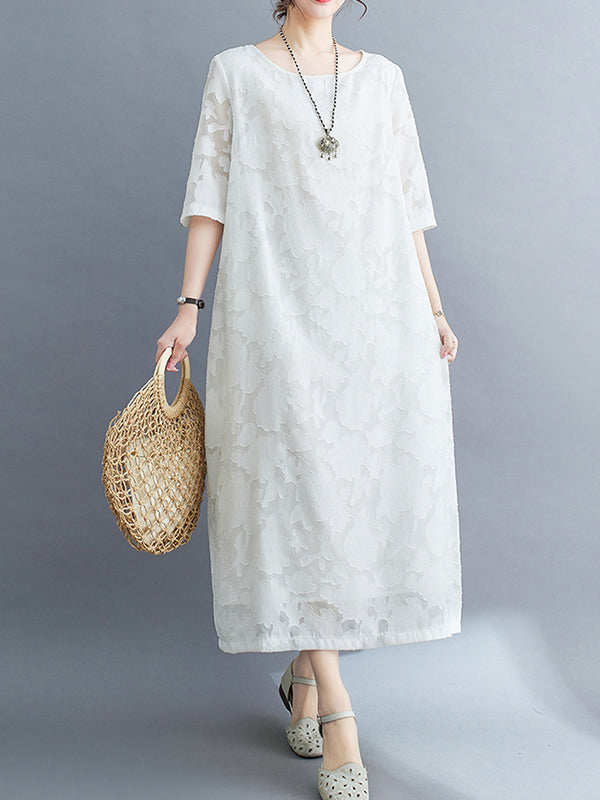 Jacquard See-Through Solid Color Loose Three-quarter Sleeves Round-neck Midi Dresses