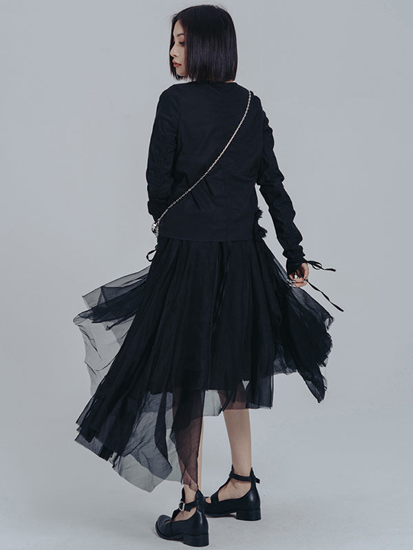 Urban Drawstring Long Sleeves Black Gauze Midi Dress