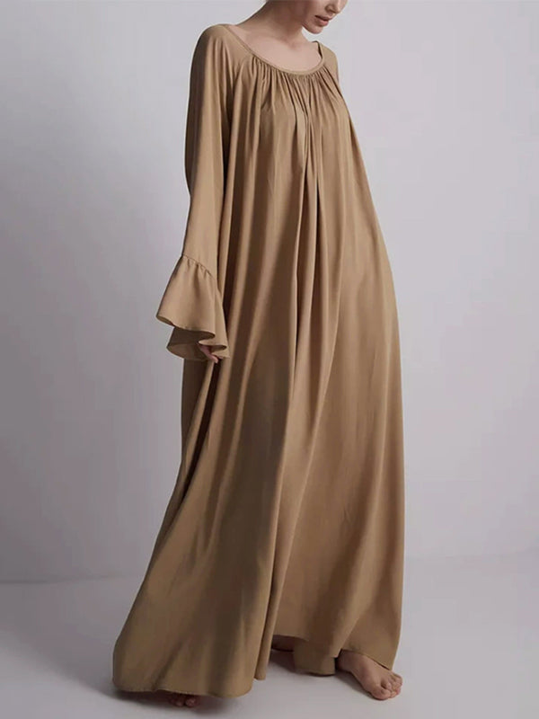 Pleated Solid Color Split-Joint Flared Sleeves Loose Round-Neck Maxi Dresses