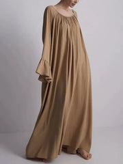 Pleated Solid Color Split-Joint Flared Sleeves Loose Round-Neck Maxi Dresses