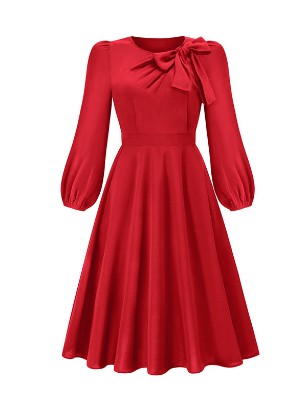 Asymmetric Bowknot Elasticity Solid Color A-Line Long Sleeves Round-Neck Midi Dresses