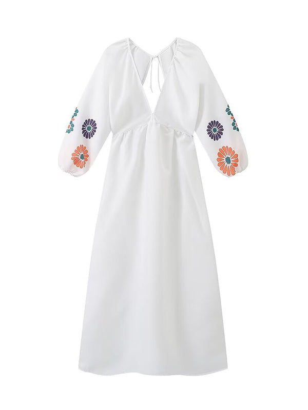 Flower Embroidery Loose Long Sleeves Casual Maxi Dresses