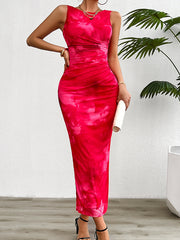 Pleated Printed Split-Side Bodycon Sleeveless Round-Neck Midi Dresses