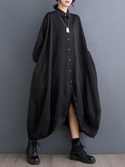 Buttoned Pockets Solid Color Split-Joint A-Line Long Sleeves Lapel Shirt Dress Midi Dresses