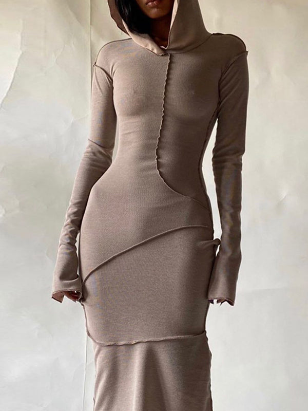 Solid Color Split-Joint Long Sleeves Plus Size Hooded Maxi Dresses