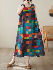Contrast Color Multi-Colored Plaid Loose Sleeveless Round-Neck Midi Dresses