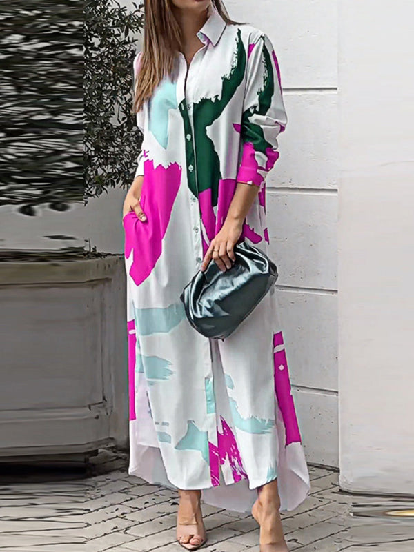 Buttoned Contrast Color Pockets Printed Split-Side Loose Wrap Shirt Dress
