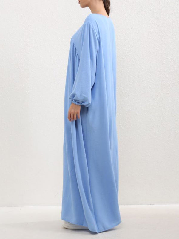 Pleated Solid Color Split-Joint Long Sleeves Loose Round-Neck Maxi Dresses