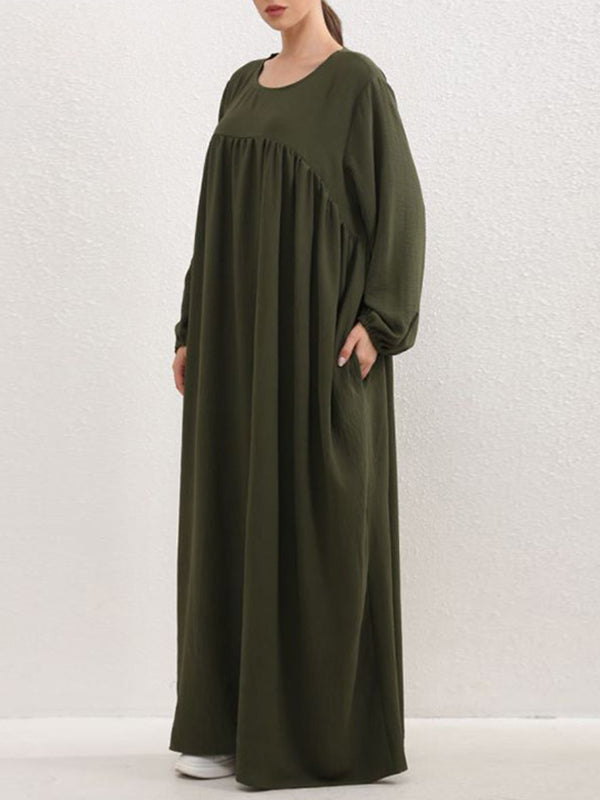 Pleated Solid Color Split-Joint Long Sleeves Loose Round-Neck Maxi Dresses
