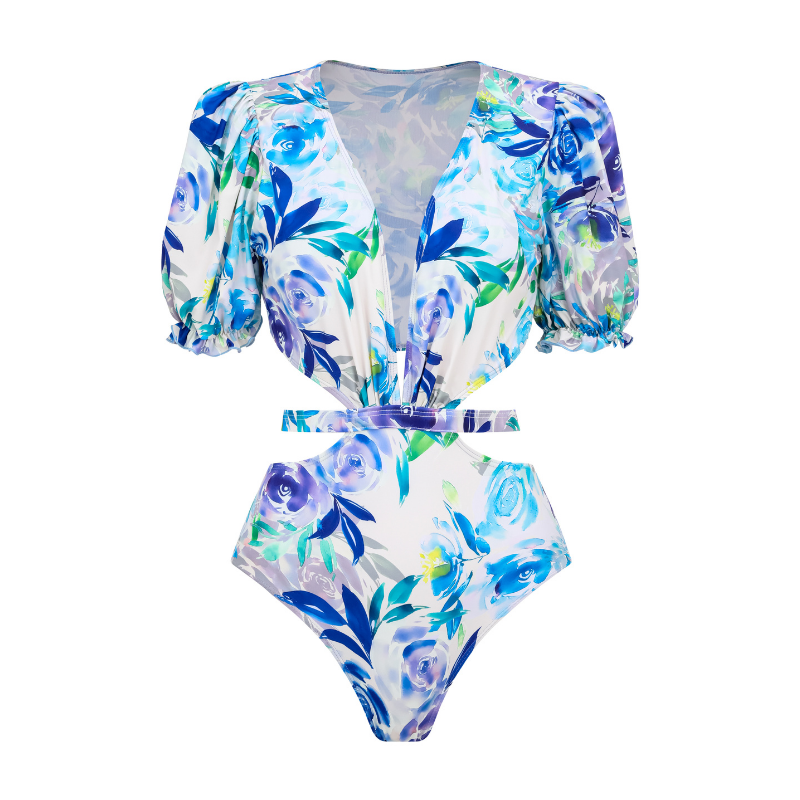 Cutout Puff Sleeve Printed One Piece Swimsuit and Sarong Flaxmaker