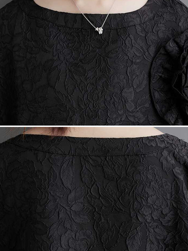 Asymmetric Flower Shape Gauze Jacquard Pleated Solid Color Split-Joint Batwing Sleeves Loose Round-Neck Midi Dresses