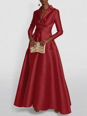 A-Line High Waisted Pleated Solid Color V-Neck Maxi Dresses