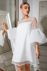 Flare Sleeved White Mini Dress Flaxmaker