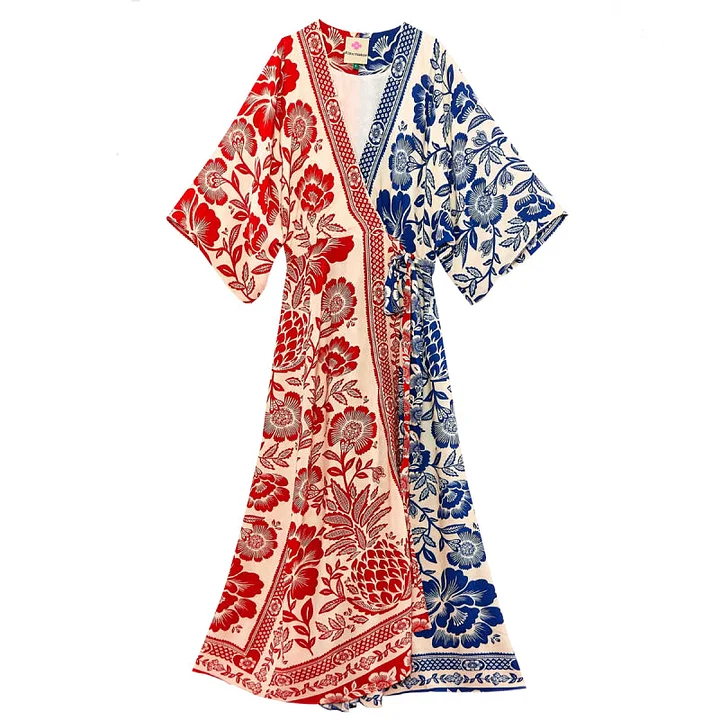 Flaxmaker Red Blue Mixed Floral Print Swimsuit and Cover Up