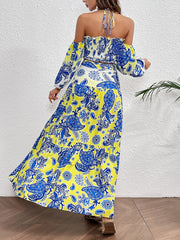 Halter Puff sleeve Printed Blue Maxi Dress