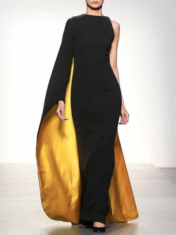 Asymmetric Contrast Color Irregularity Round-Neck Maxi Dresses