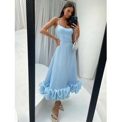 Spaghetti Strap Ruffle Bottom A-Line Midi Dress Flaxmaker