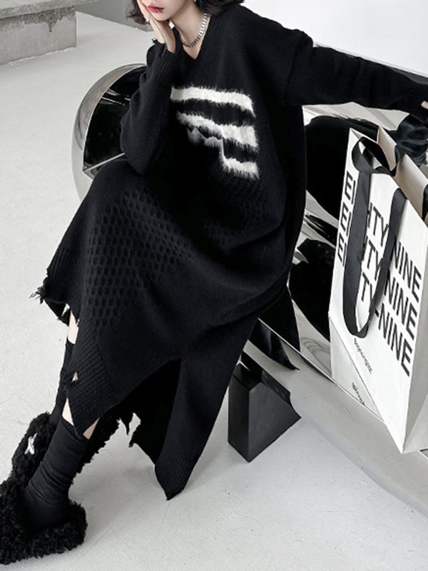 Split-Joint Split-side Long Sleeves Loose V-neck Sweater Dresses Midi Dresses