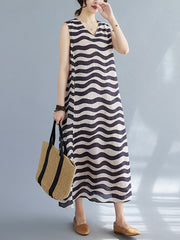 Striped Loose Sleeveless V-neck Midi Dresses