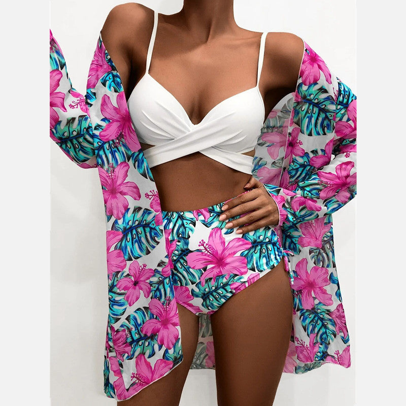 Printed Sexy Bikini Swimsuit and Net Yarn Cover Up