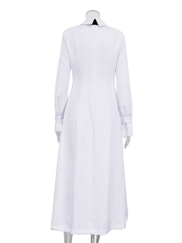 Buttoned Solid Color Split-Joint Split-side A-line Flared Sleeves Lapel Shirt Dress Maxi Dresses