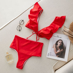 Ruffle Lace Up Bikini Swimsuit