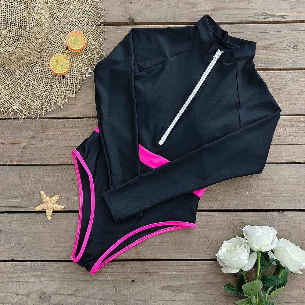 Long-sleeved Color Block One Piece Swimsuit