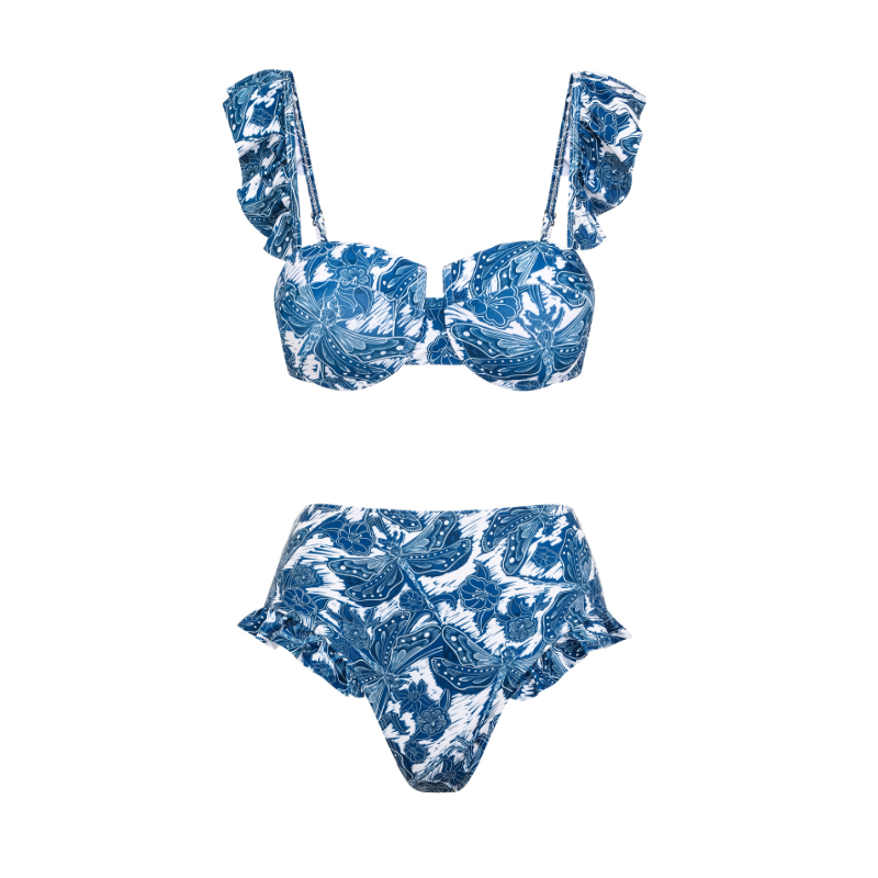 Flaxmaker Blue Dragonfly Printed Swimsuit and Skirt