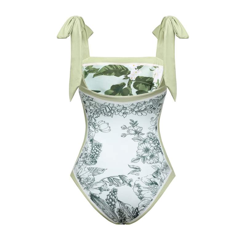 Reversible Tie-shoulder One Piece Swimsuit and Sarong Flaxmaker