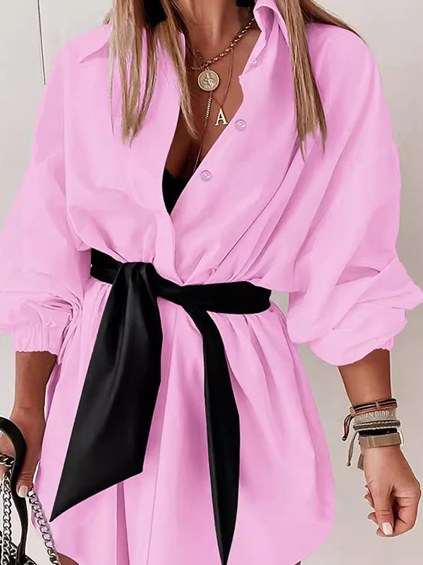 Buttoned Elasticity Tied Waist Long Sleeves Loose Lapel Shirt Dress Mini Dresses