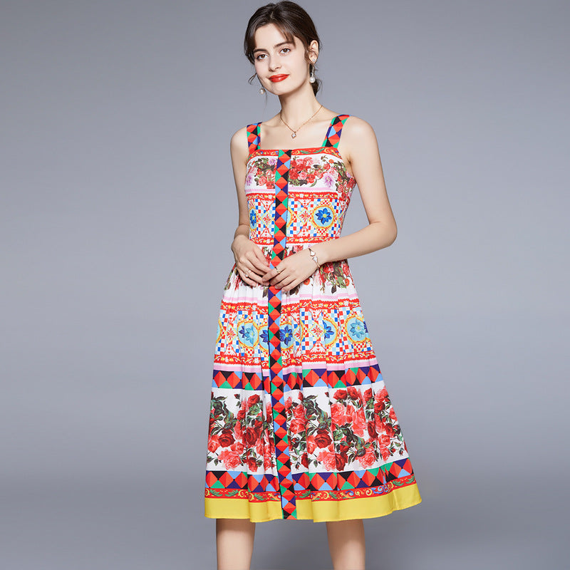 Flaxmaker Squared Neck Blossom Printed Dress