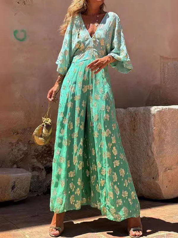 Flower Printed Gradient Color Half Sleeves Bohemia Maxi Dresses