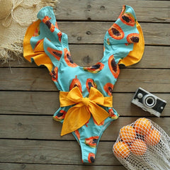 Ruffle Papaya Printed Backless Belt One Piece Swimsuit