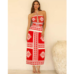 Halter Straps Cutout Backless Printed One Piece Swimsuit and Skirt Flaxmaker(Shipped on Dec 29th)