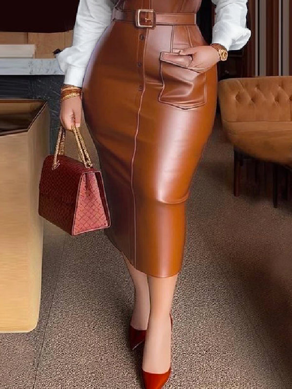 Belted Buttoned Split-Joint Long Sleeves Skinny Lapel Shirt Dress Midi Dresses