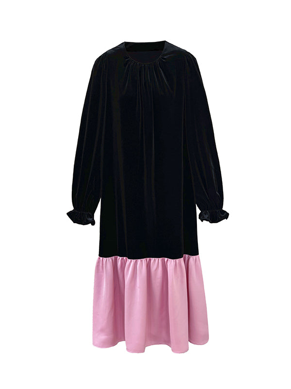 Contrast Color Pleated Ruffled Split-Joint Velvet Flared Sleeves Long Sleeves Round-Neck Midi Dresses