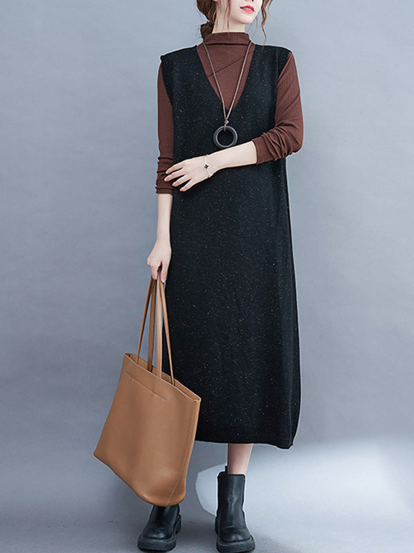 Vintage Solid Color Knitting V-Neck Sleeveless Sweater Dress