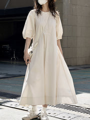 Solid Color Loose Puff Sleeves Round-Neck Midi Dresses
