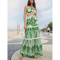 One Shoulder Green Flower Printed One Piece Swimsuit and Skirt
