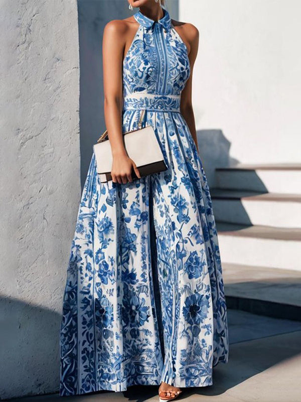 Flower Print Split-Joint A-line Loose Lapel Maxi Dresses