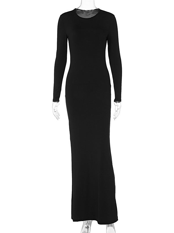 See-Through Solid Color Bodycon Long Sleeves Round-Neck Maxi Dresses