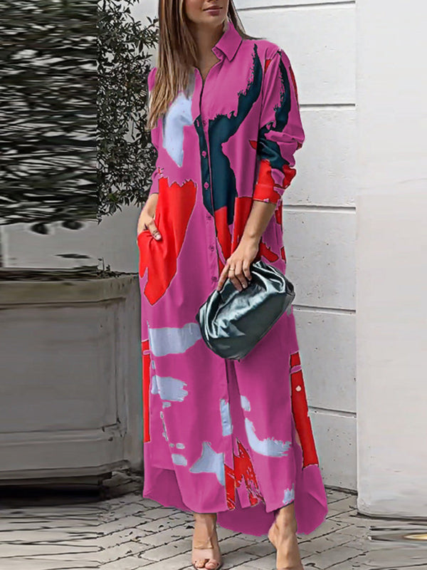 Buttoned Contrast Color Pockets Printed Split-Side Loose Wrap Shirt Dress
