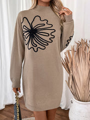 Knitted Flower Split-Joint Long Sleeves Loose Mock Neck Sweater Dresses Mini Dresses